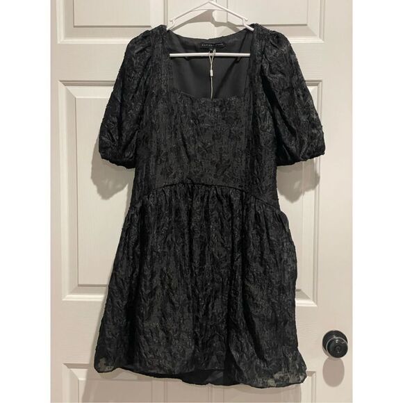 NWOT Endless Rose Texture Floral Organza Black Puff Sleeve Mini Dress Large - Picture 3 of 16